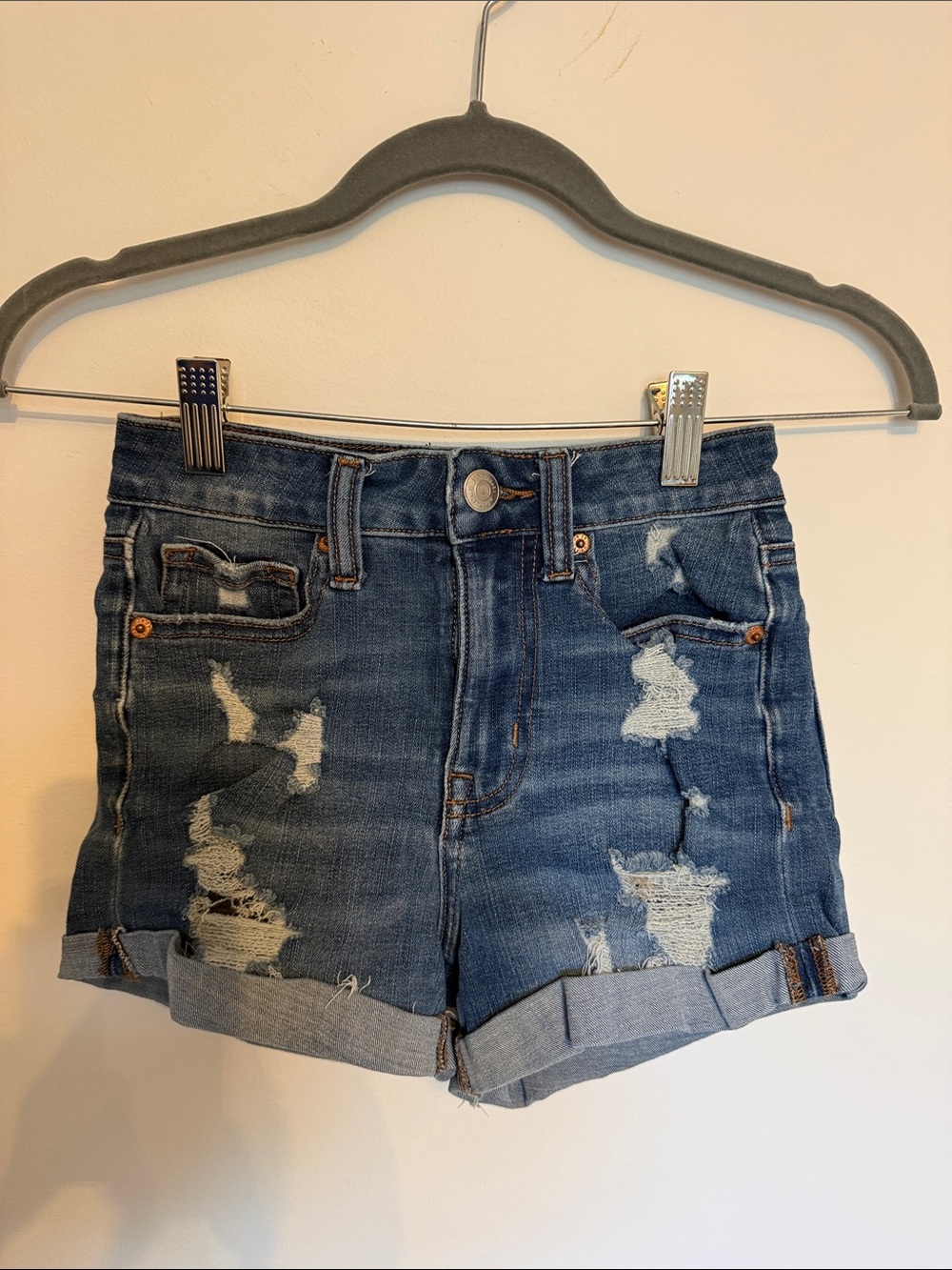 Aeropostale Distressed Washed Blue Denim Roll-Cuff Shorts